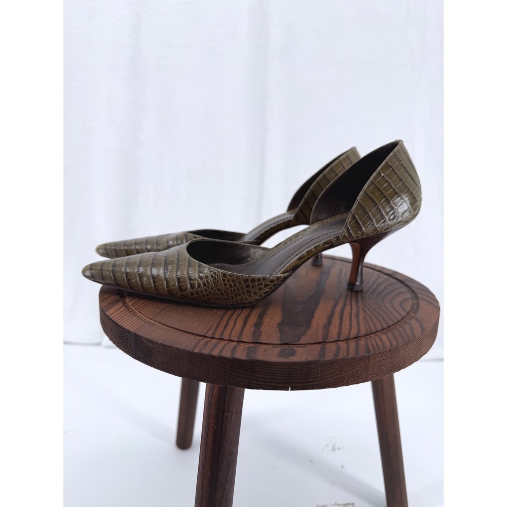 Ann Taylor Vintage Olive Green Croc Embossed Leather D'Orsay Kitten Heels 7M